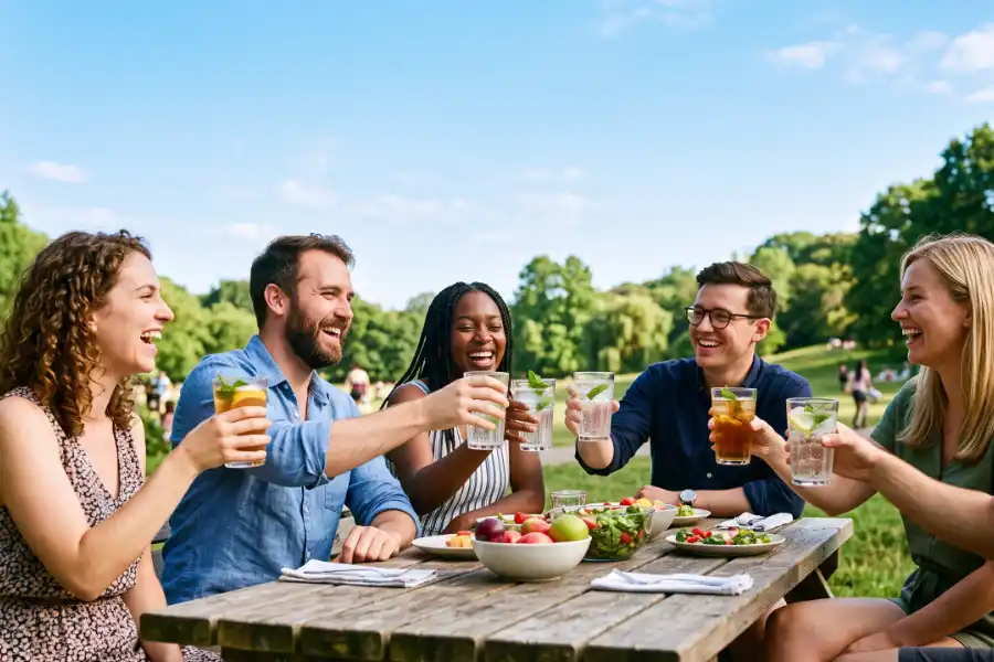 Group of friends laughing around an outdoor table