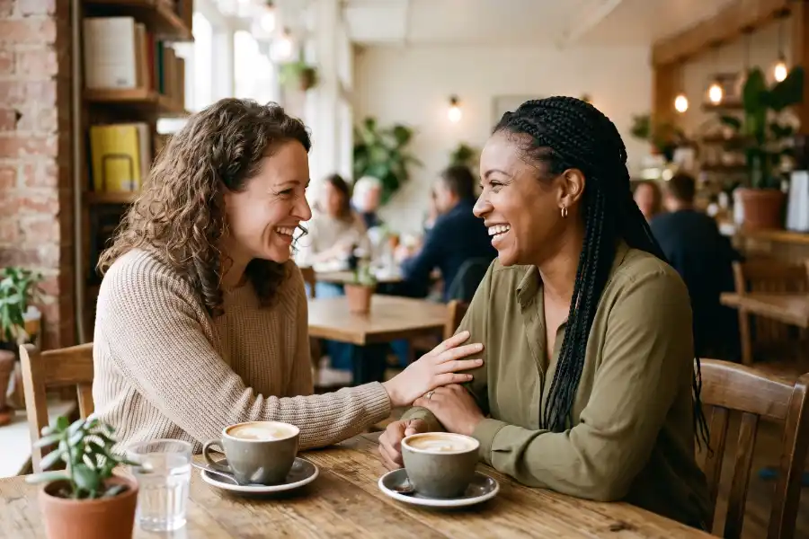 Two women talking over coffee in a cafe
