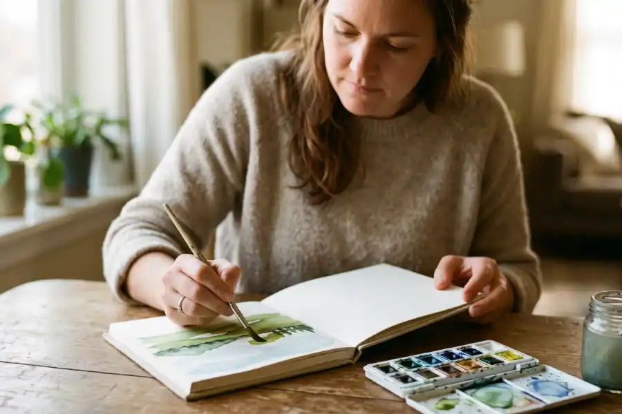 Woman painting with watercolours at a table by a window