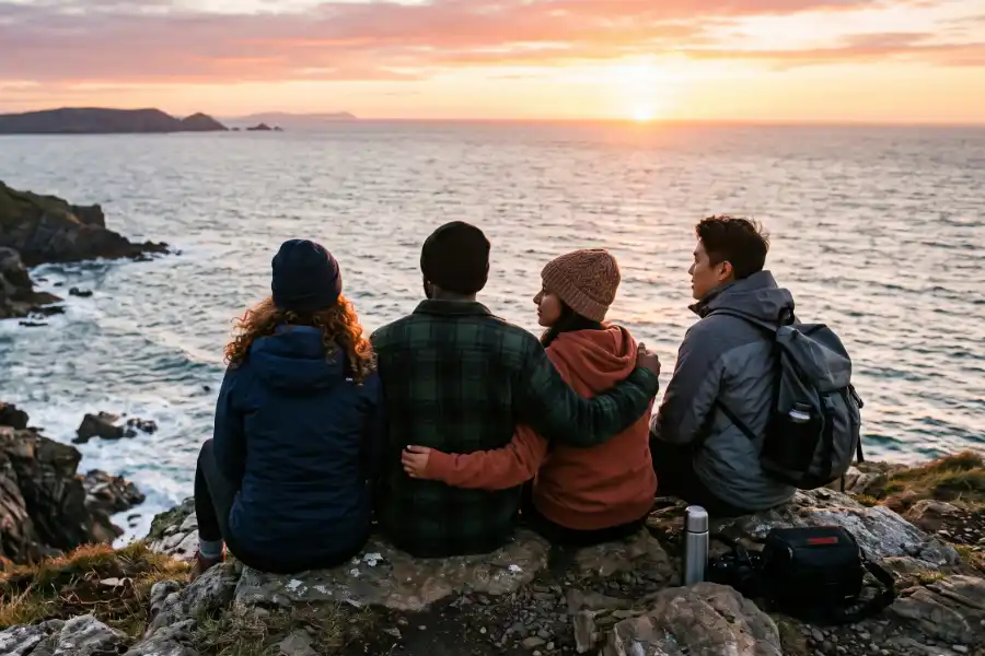 Group of friends sitting together watching the sunset over the water