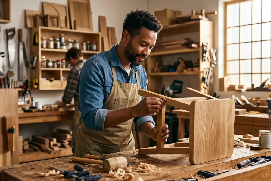 Man working with hand tools in a woodworking shop