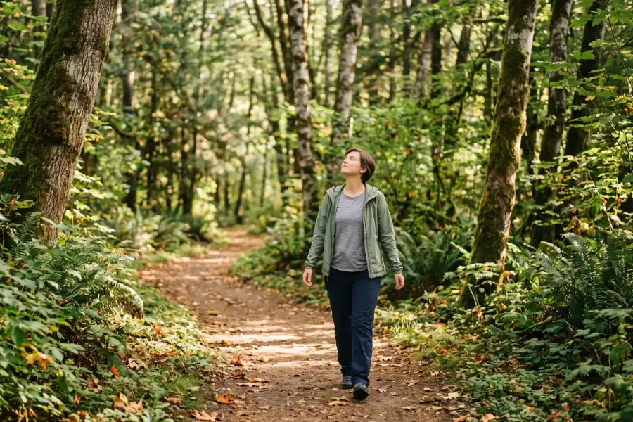 Person walking alone along a quiet forest path