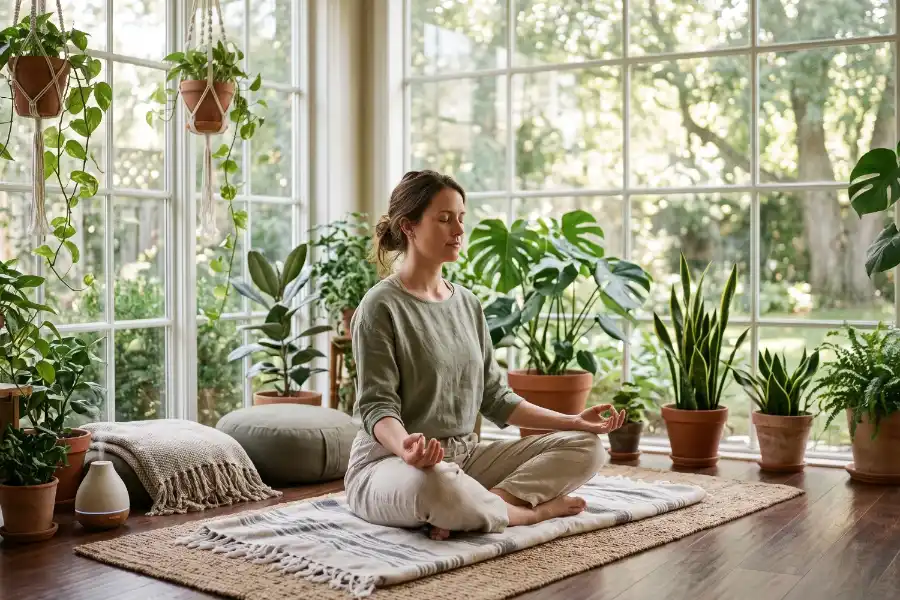 Woman sitting by a sunny window surrounded by houseplants
